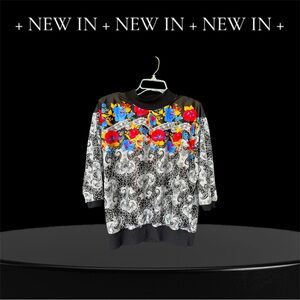 Vintage black, red, white and yellow floral top.